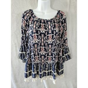 Entro Blouse Womens Medium Bell Sleeves Blue Multi Print Tassels Boho Peasant